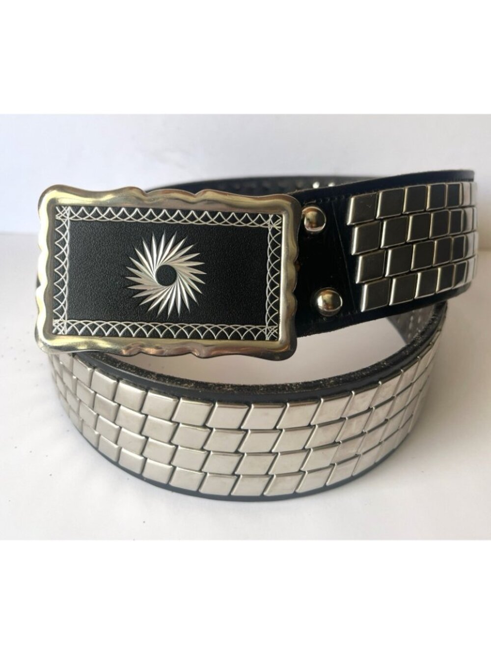 Black Leather Belt Chrome Metal Tile Detailing Sunburst Buckle Punk Rock Rocker